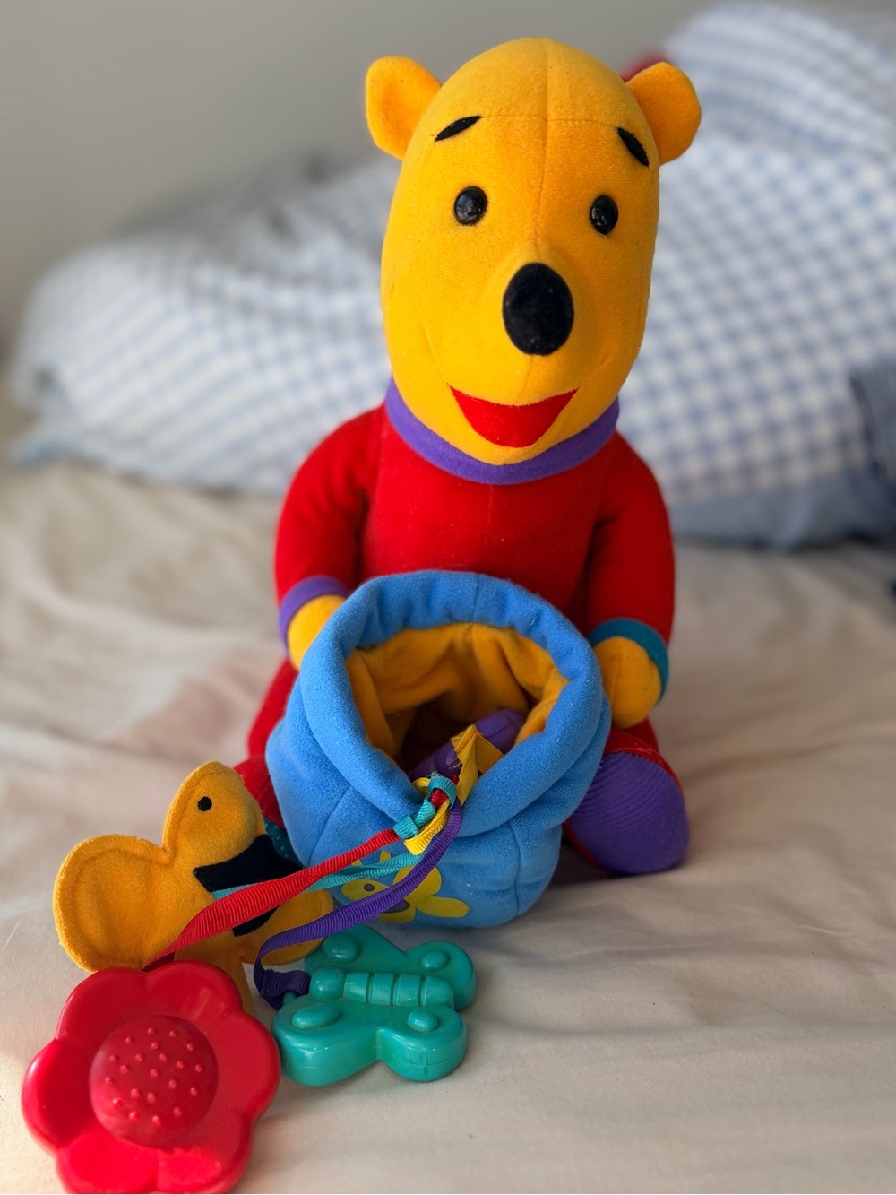 Vintage 1996 Disney Winnie the Pooh Plush with Pouch and baby Toys